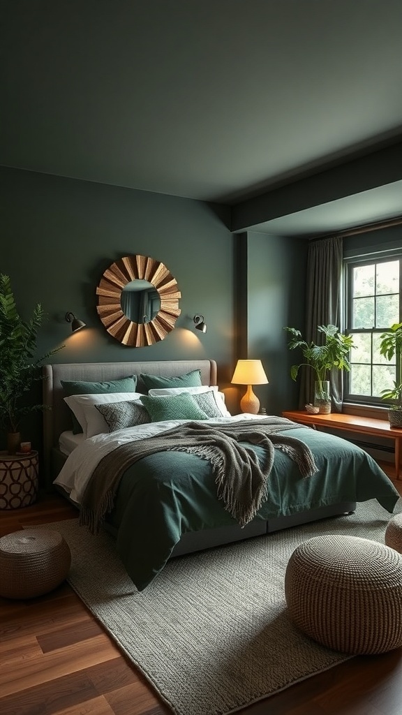 Dunkelgrünes Schlafzimmer mit modernen Möbeln und großen Fenstern