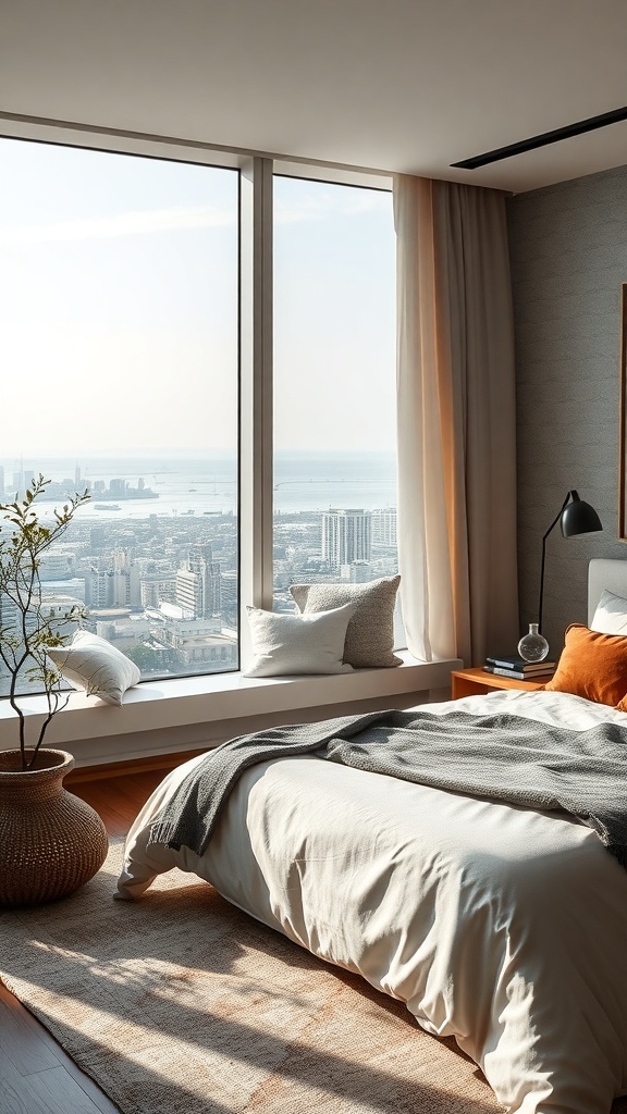 Luxuriöses Schlafzimmer mit Blick auf die Stadt und viel Tageslicht