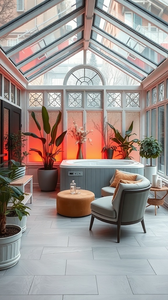Moderner Wintergarten mit Whirlpool und Pflanzen