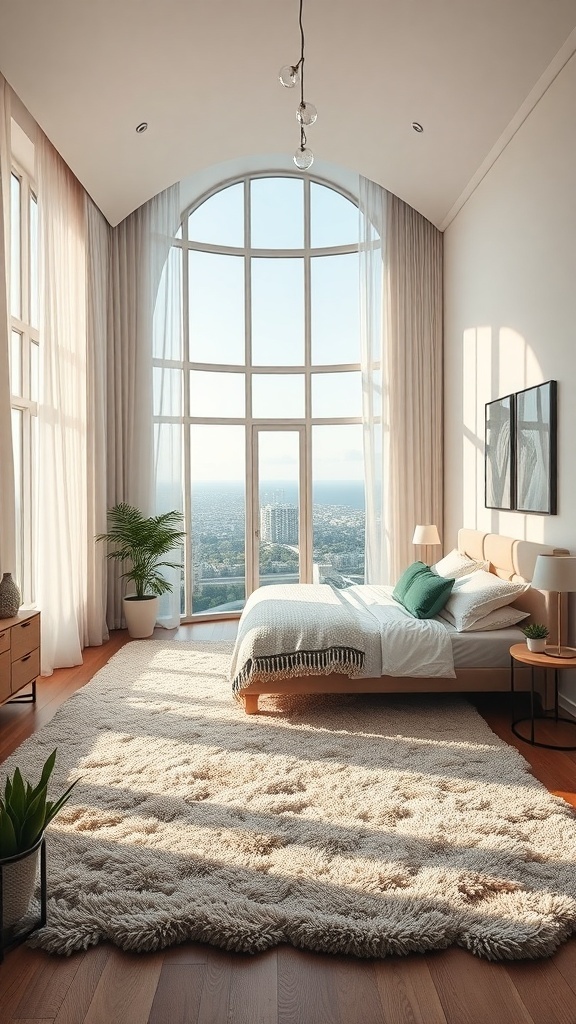 Ein modernes Schlafzimmer mit großen Fenstern, einem gemütlichen Teppich und stilvoller Einrichtung.