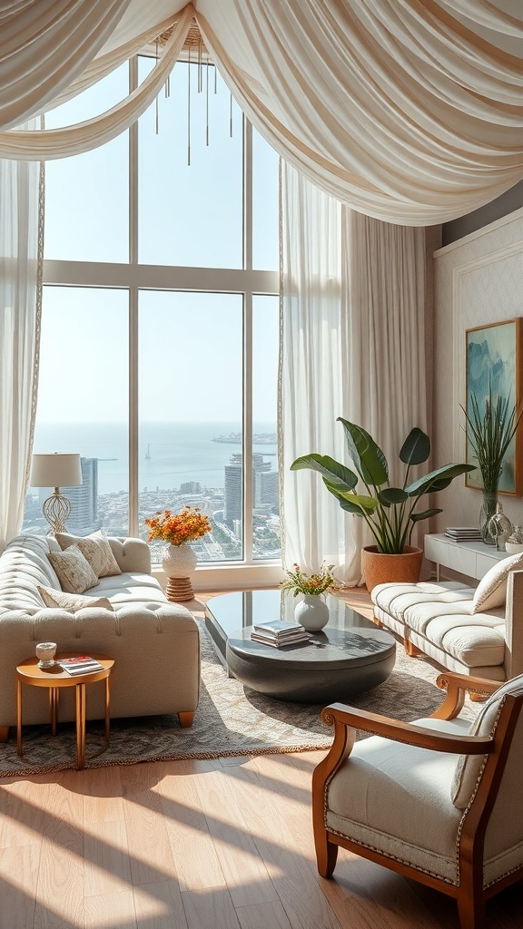 Ein stilvolles Wohnzimmer mit großen Fenstern, eleganten Möbeln und Pflanzen.