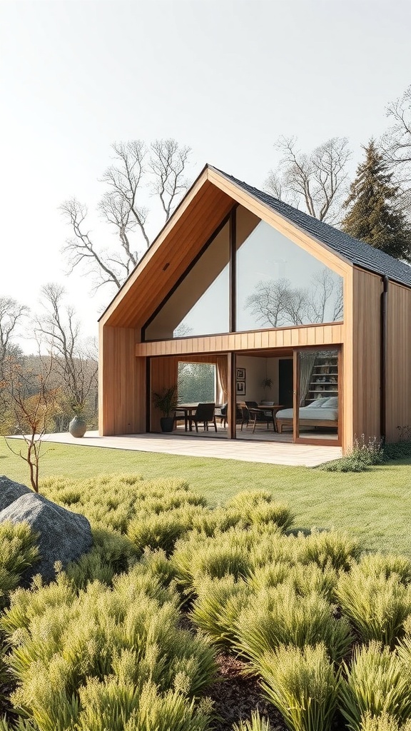 Modernes Holzhaus mit großen Fenstern in einer grünen Umgebung