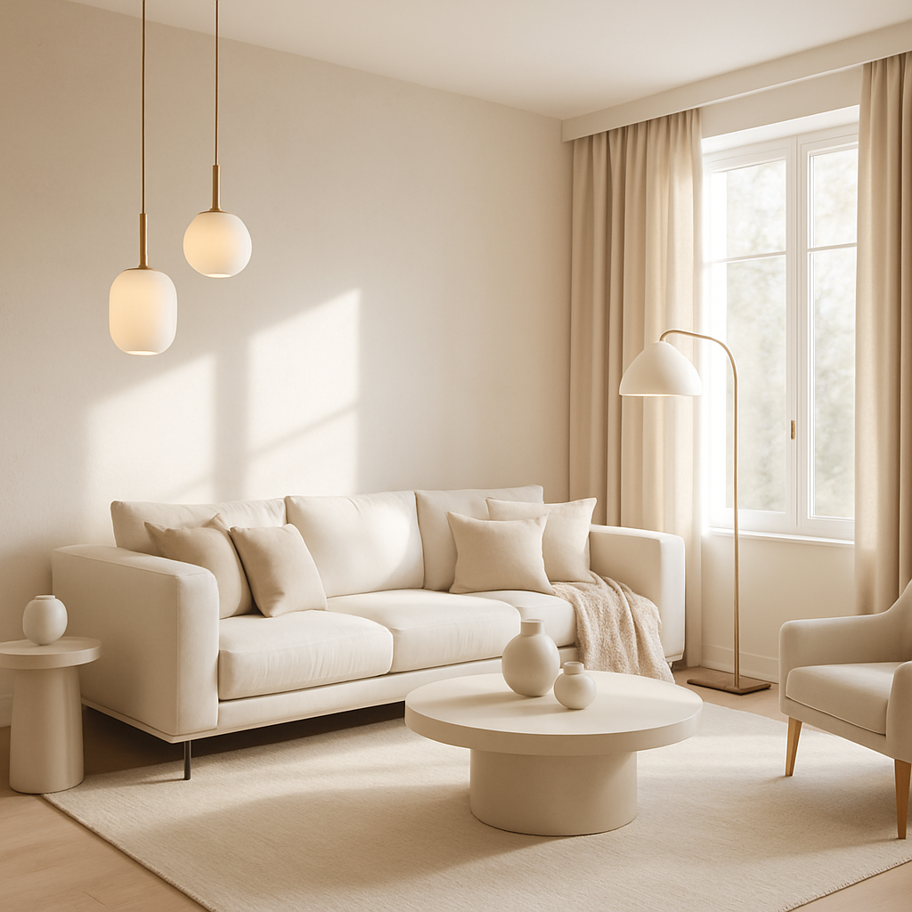 Minimalistisches Wohnzimmer mit sanften hängenden Lampen und neutralen Farbtönen
