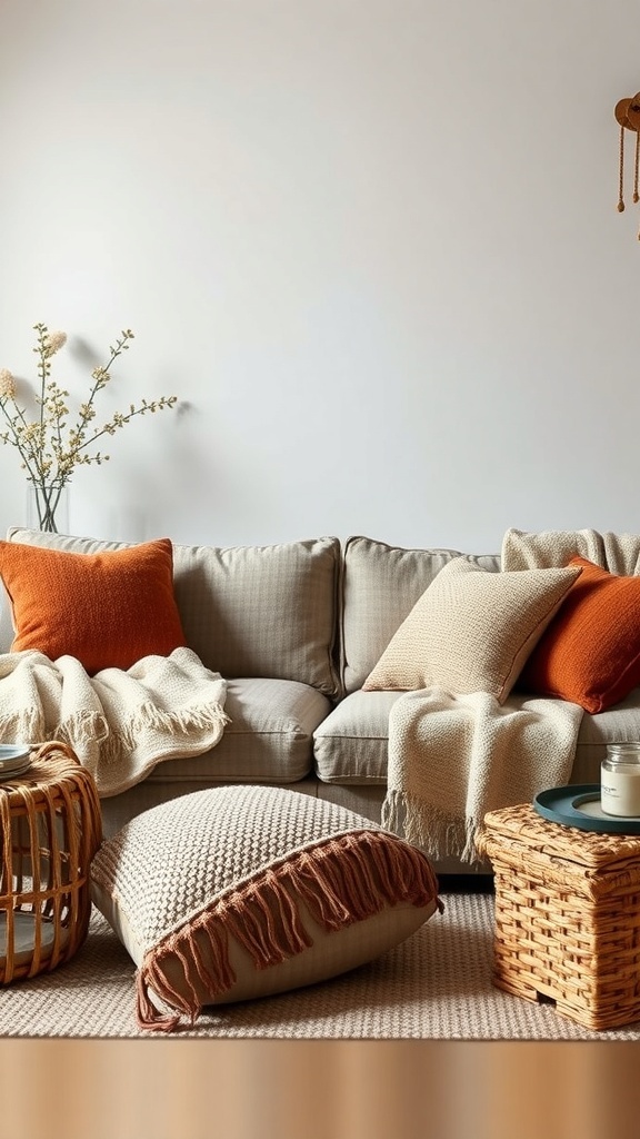 Gemütliche Sitzecke mit einem Sofa in Erdtönen, Kissen aus Wolle und einem wollenen Überwurf.