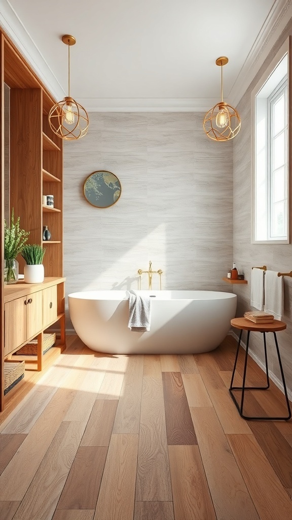 A modern bathroom with wood-look porcelain tiles, featuring a freestanding bathtub and wooden accents.