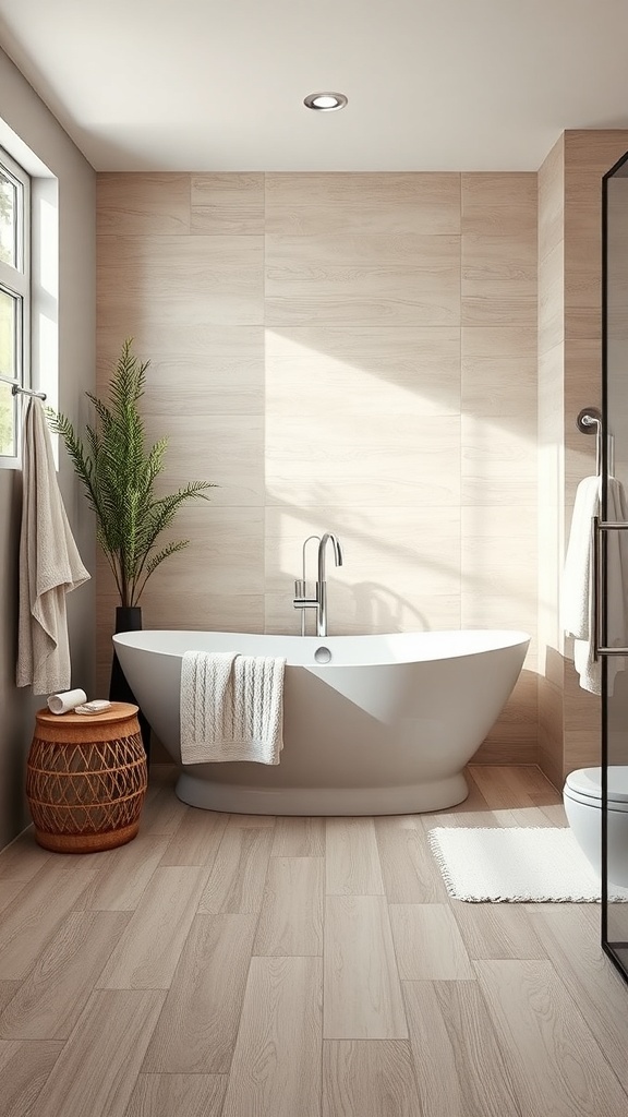 A cozy bathroom featuring wood-look tiles, a white bathtub, and natural decor elements.
