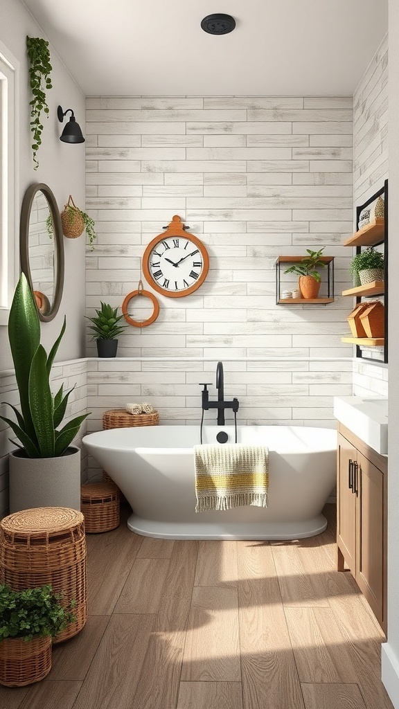 A modern bathroom with wood-look tile flooring, a freestanding tub, and decorative plants.