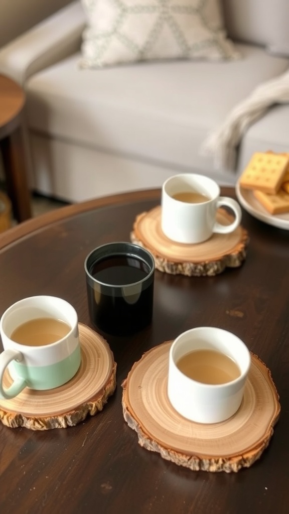 Three cups on wood slice coasters on a coffee table
