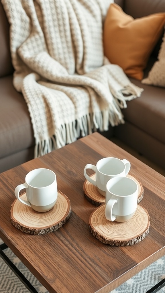 Three white mugs on wooden slice coasters on a coffee table with a cozy blanket in the background.