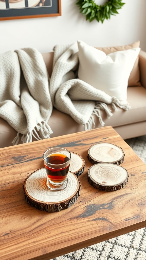 Wood slice coasters with a glass of drink on a wooden table