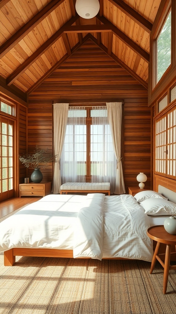 A serene Japandi bedroom featuring wooden accents and details, with a cozy bed, natural light, and minimalist decor.