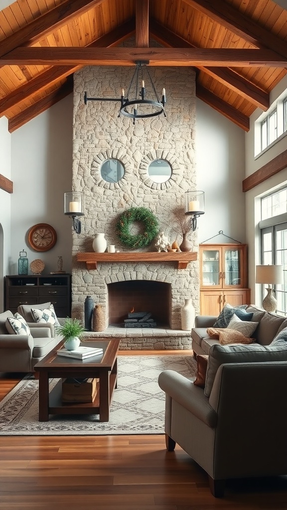 Rustic living room with wooden beams and stone fireplace