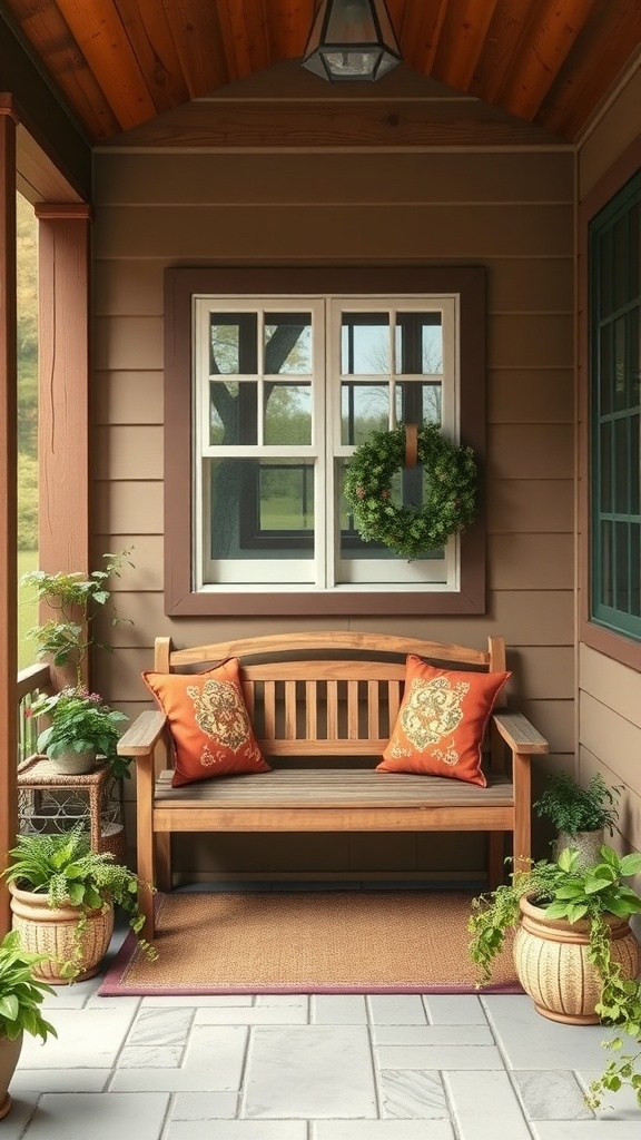 A wooden bench with orange cushions on a porch surrounded by plants and a wreath on the window.