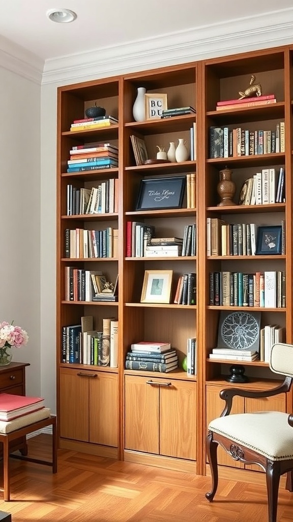 A wooden bookshelf filled with books and decorative items, showcasing a warm and inviting design.