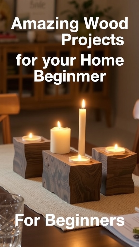 Wooden candle holders on a table with candles lit