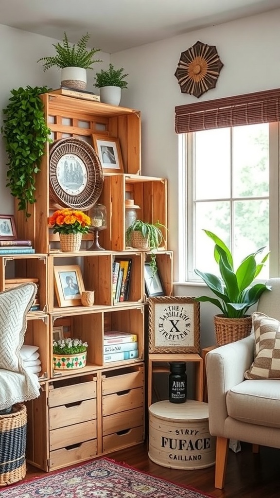 A cozy wooden crate storage display with various wooden crates stacked, a potted plant, and decorative items.