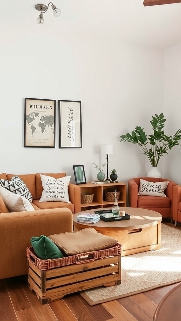 A cozy living room featuring a wooden crate used for storage, with a sofa, decorative pillows, and a coffee table.