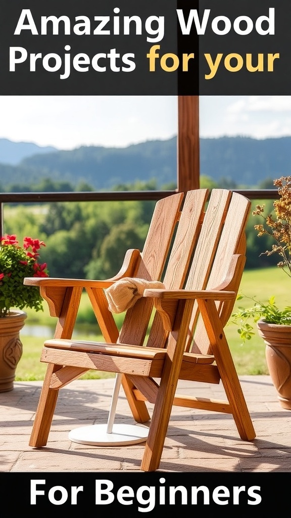 A wooden folding chair on a patio with a scenic view in the background.