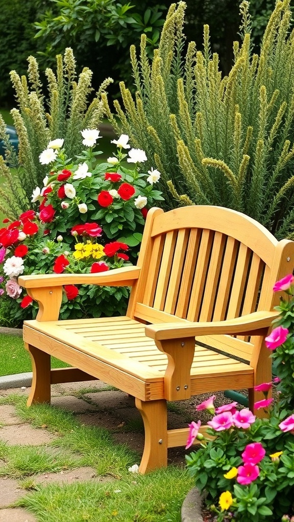 A wooden garden bench surrounded by colorful flowers and greenery.