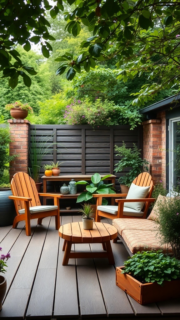 Cozy wooden garden furniture set with two chairs and a round table surrounded by greenery.