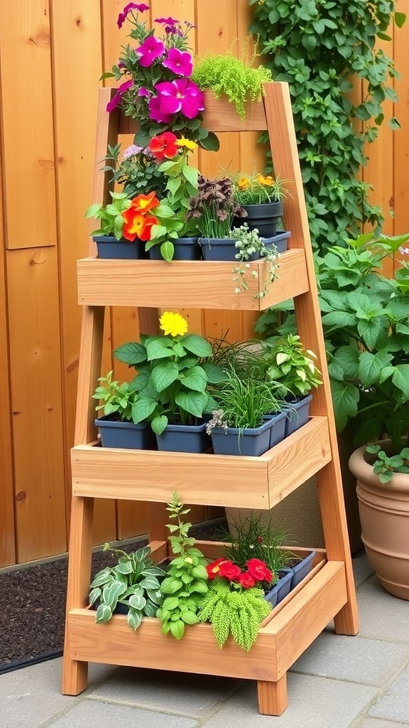 Wooden garden planter stand with colorful flowers and plants