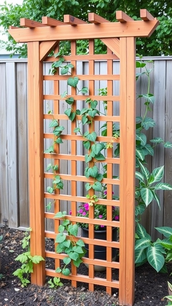 A wooden garden trellis with climbing plants and flowers, set against a wooden fence.