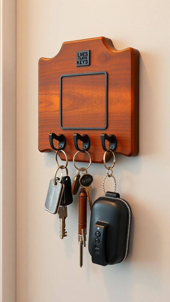 A simple wooden key holder with colorful pegs, hanging keys, and a clean design.