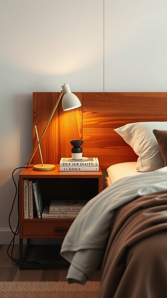 A wooden nightstand with a lamp and books beside a bed.