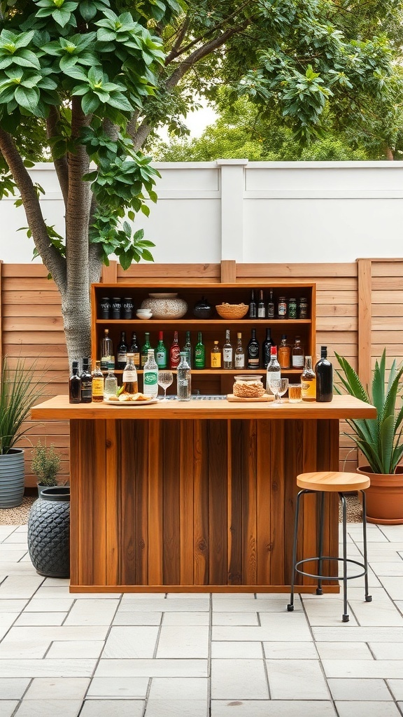 A wooden outdoor bar with drinks and snacks, surrounded by greenery.
