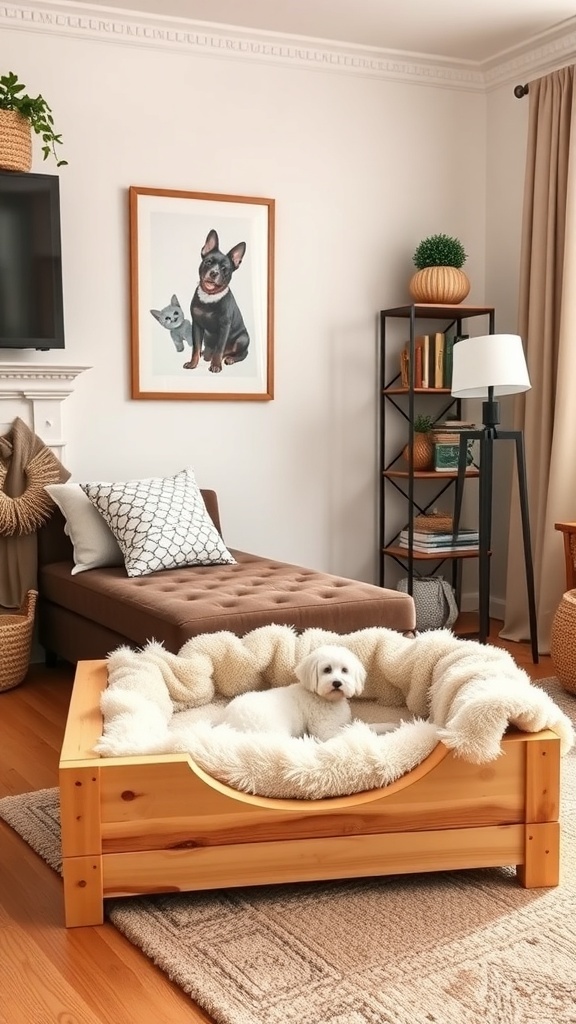 A cozy wooden pet bed with a fluffy cushion, featuring a small dog resting comfortably.