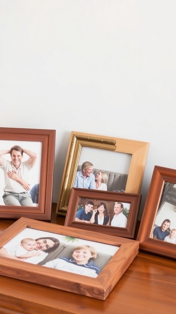 A collection of wooden picture frames displaying various photographs, showcasing a range of styles and sizes.