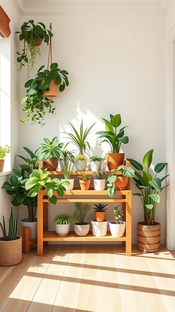 A wooden plant stand filled with various potted plants in a bright room.