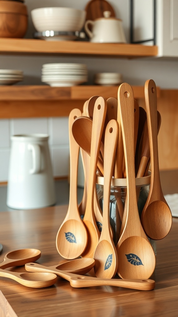 A collection of wooden serving spoons in various shapes and sizes, displayed in a white cup.