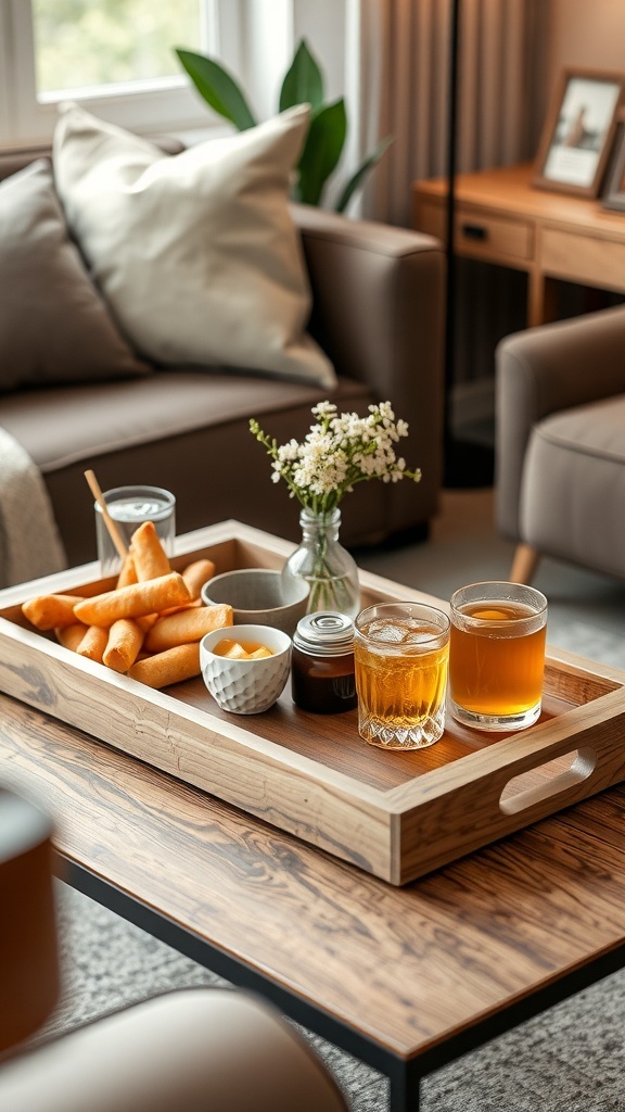 A wooden serving tray with snacks and drinks on a table