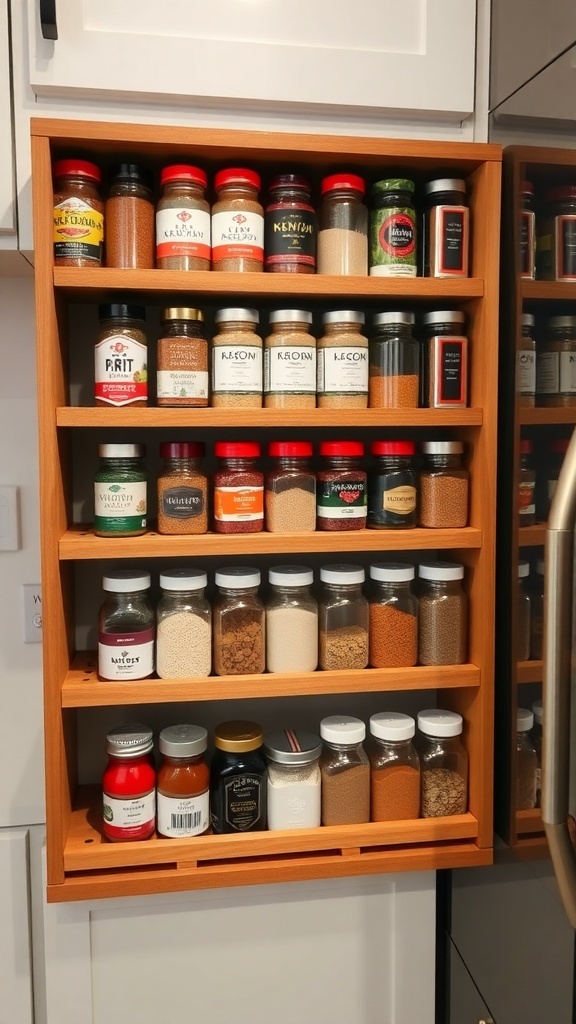 A wooden spice rack filled with various spice jars, showcasing a neat and organized kitchen space.