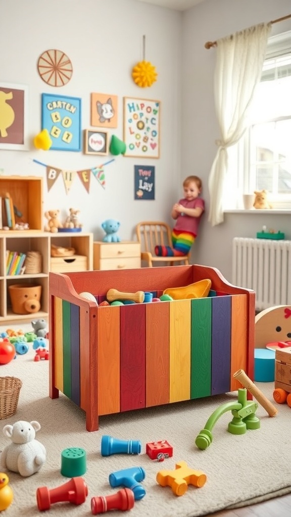 Colorful wooden toy chest filled with toys in a bright room
