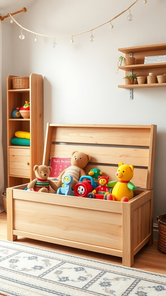 A wooden toy chest filled with colorful toys and stuffed animals in a child's room.