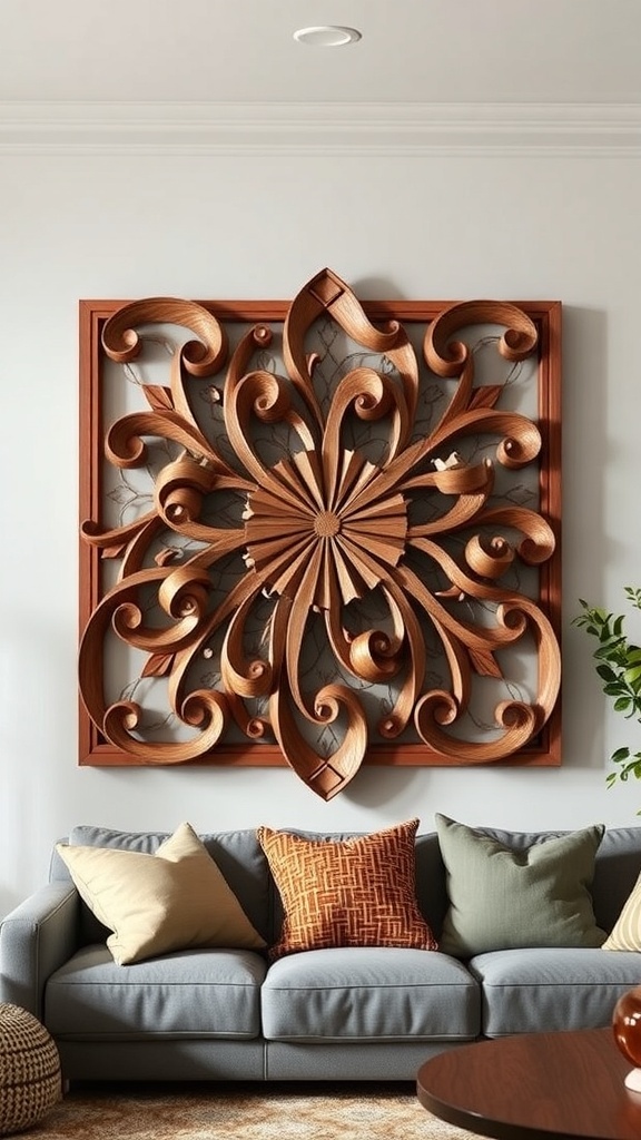 Intricate wooden wall art displayed above a couch with decorative pillows.