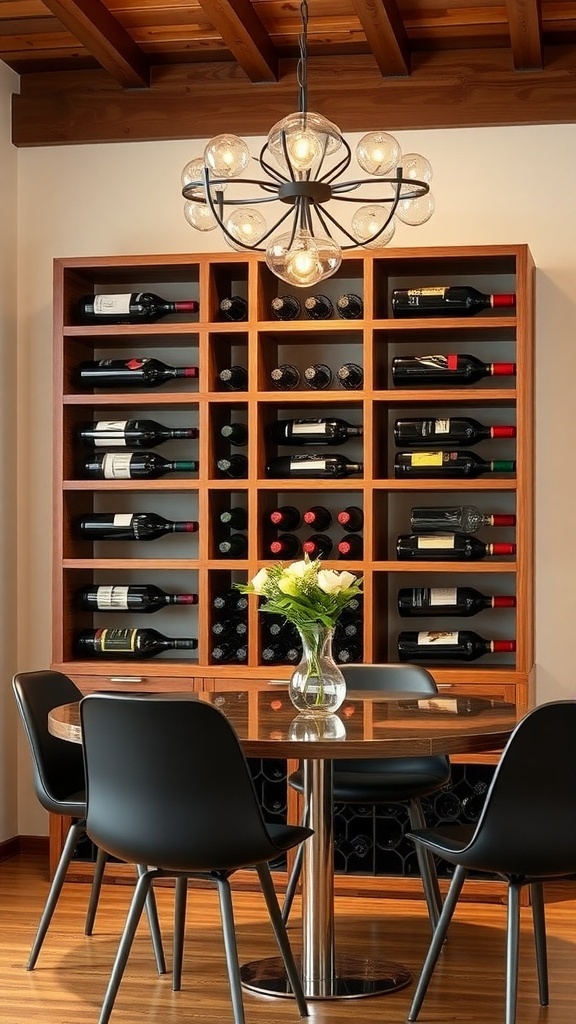 A stylish wooden wine rack displaying several wine bottles, enhancing the room's decor.