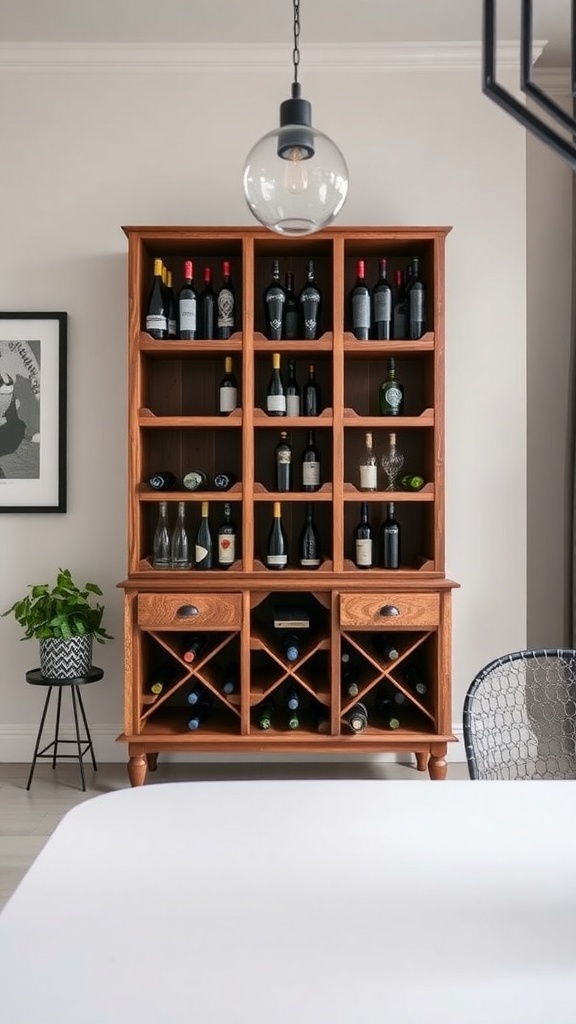 A stylish wooden wine rack displaying various wine bottles in a modern living space.