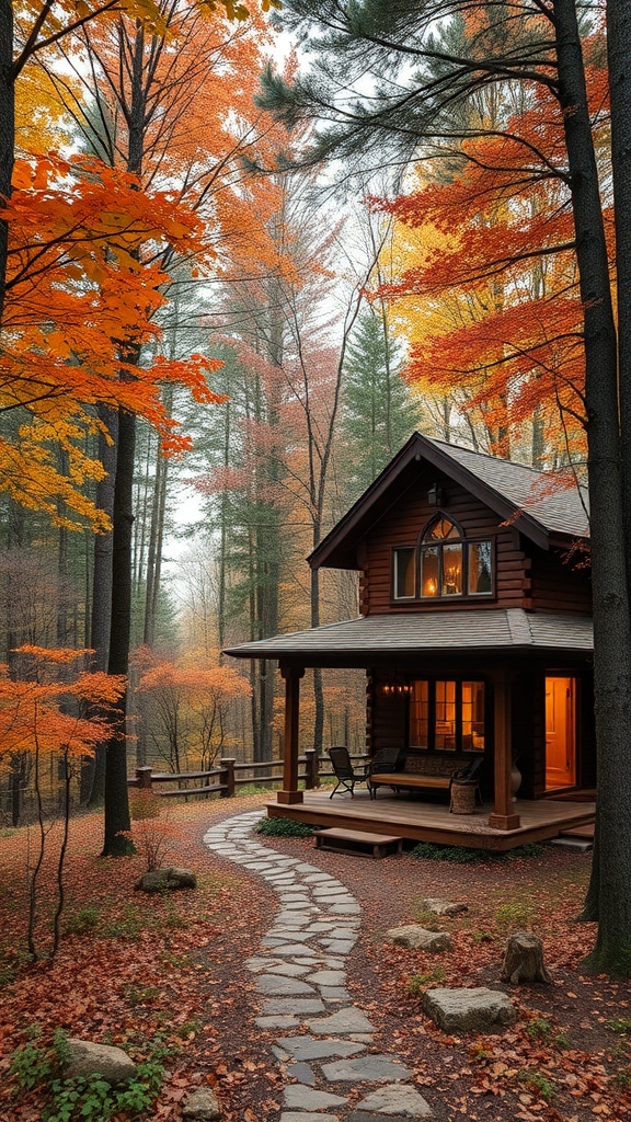A cozy cabin in a vibrant autumn forest with colorful leaves and a stone pathway.