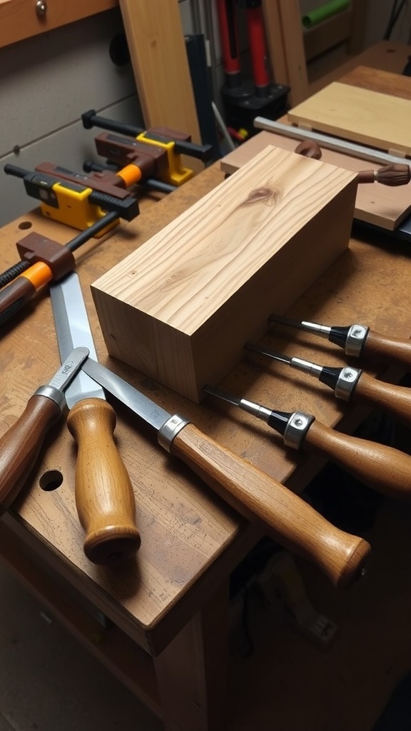 A woodworking workspace with tools and a wooden block ready for crafting.