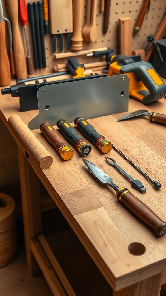 A well-organized woodworking workspace with various tools including chisels, a knife, and a clamp on a wooden table.