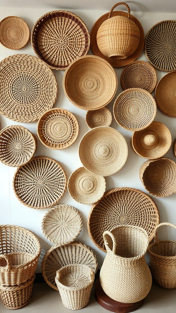 A collection of woven baskets arranged on a wall, showcasing various sizes and patterns.