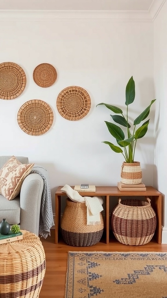 A cozy living room featuring woven baskets for storage, with plants and a comfortable seating area.