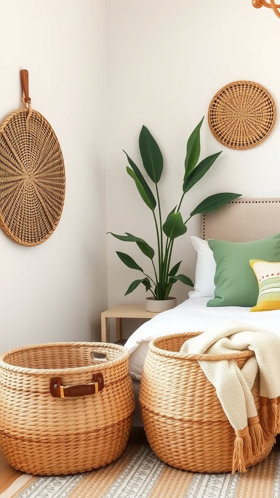 A Boho style bedroom featuring woven baskets for storage, sage green bedding, and natural decor elements.