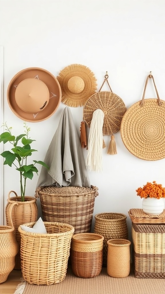 A collection of woven baskets in various sizes and styles, displayed with decorative hats and a plant.
