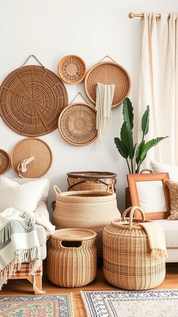 A cozy living room featuring various woven baskets for storage, with a mix of textures and earthy tones.