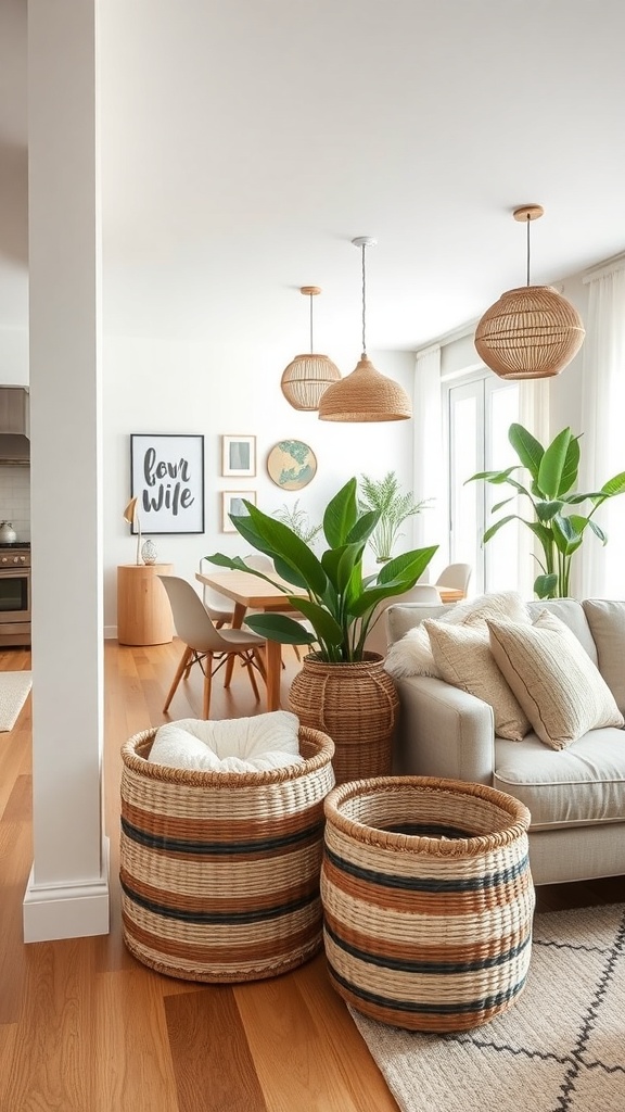 Cozy living area with woven baskets for storage, featuring a sofa, plants, and decorative elements.