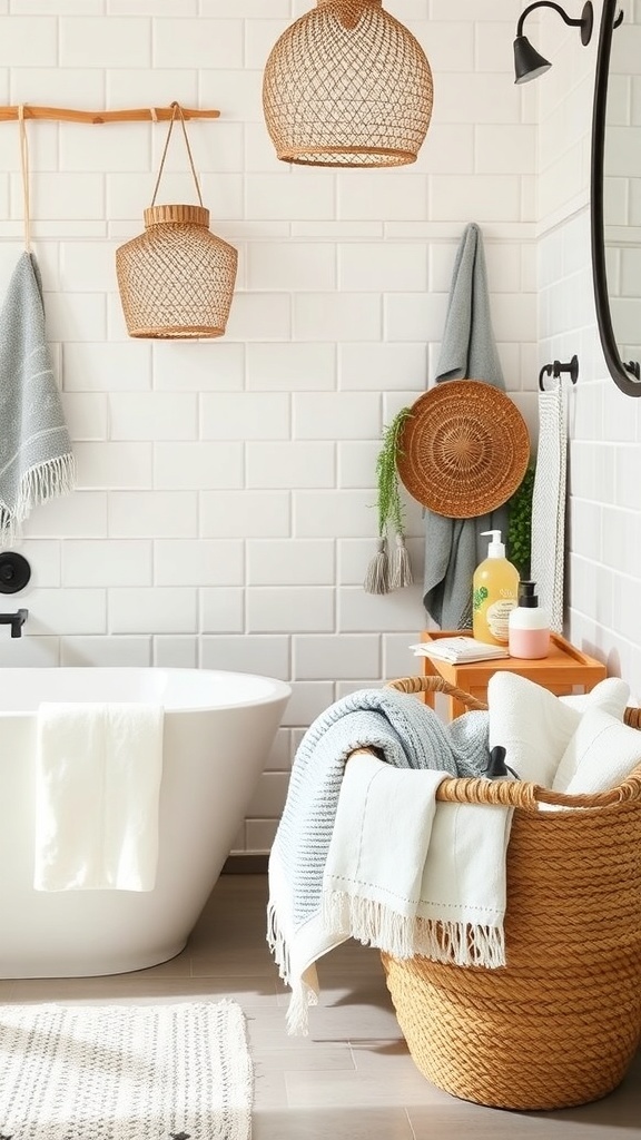 A stylish bathroom featuring woven baskets for storage, with a bathtub and decorative elements.